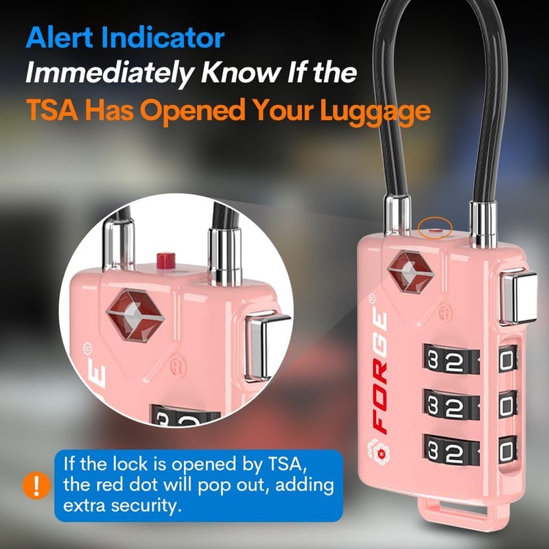 Forge TSA Approved Cable Luggage Locks, 2 Pink Locks, Re-settable Combination with Alloy Body - Image 3