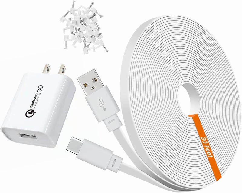 weishan 30ft Power Extension Cable for Tapo TPLink 2K QHD C120 Security Camera  9m USB C Long Flat Charging Cord with 18W Fast Charger White - Image 1