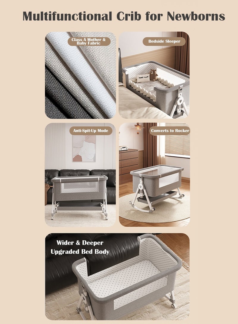 3 in 1 Baby Bassinet Crib with Breathable Mesh, Bassinet Bedside Sleeper with Wheels, Mosquito Net, Storage Basket, 7 Height Adjustable, Easy to Fold, Rocking Bassinet for Baby (Grey) ﻿ - Image 2