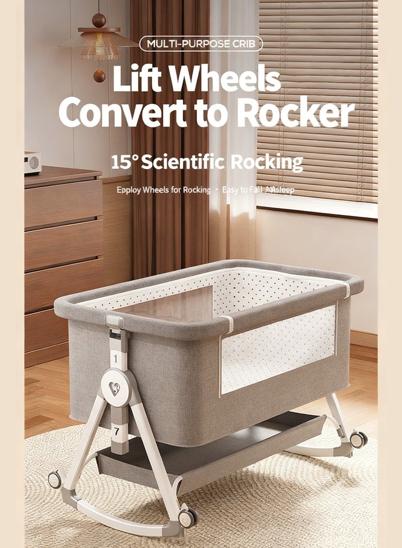 3 in 1 Baby Bassinet Crib with Breathable Mesh, Bassinet Bedside Sleeper with Wheels, Mosquito Net, Storage Basket, 7 Height Adjustable, Easy to Fold, Rocking Bassinet for Baby (Grey) ﻿ - Image 3