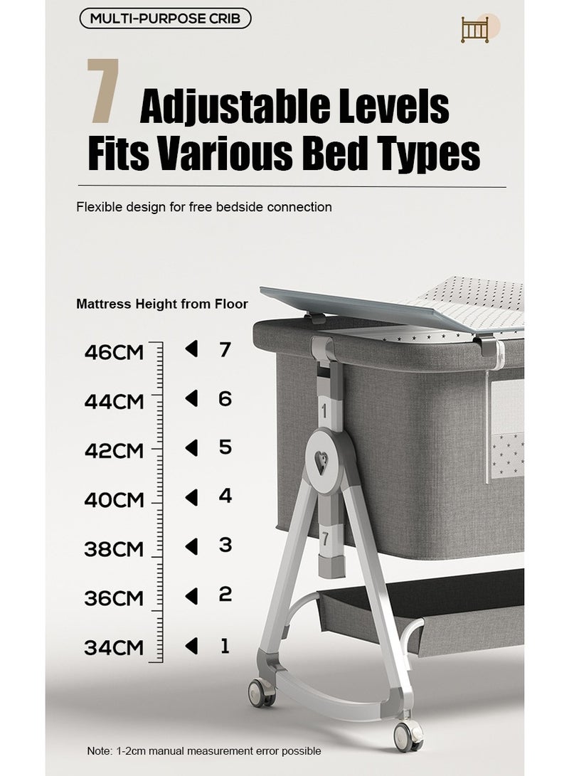 3 in 1 Baby Bassinet Crib with Breathable Mesh, Bassinet Bedside Sleeper with Wheels, Mosquito Net, Storage Basket, 7 Height Adjustable, Easy to Fold, Rocking Bassinet for Baby (Grey) ﻿ - Image 4