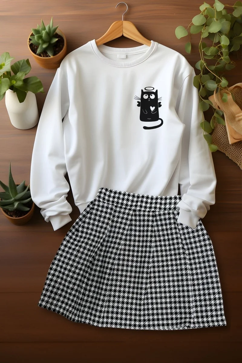 Ada Bebek Çocuk Ada Baby Child Style Sweat Plaid Skirt Top and Bottom Set