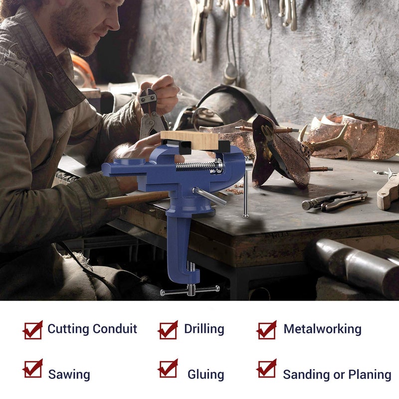 NUOVOWARE مقبس طاولة Nuovoware 3 بوصة، قاعدة دوارة 360°، مقبس منزلي عالمي محمول، مشبك طاولة، أداة ثابتة لنجارة الخشب، أعمال المعادن، قطع الأنابيب، الحفر، المنشار، أزرق - Image 2