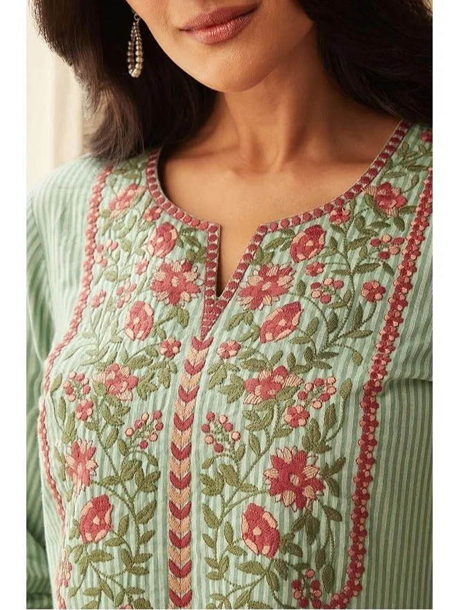 GoSriKi  GoSriKi Women's Cotton Blend Embroidered Straight Kurta with Pant & Dupatta (FARIGUP-Green-GS_M_Green_Medium) for Women | Best Price UAE