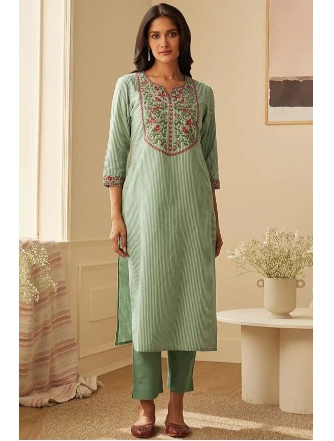 GoSriKi  GoSriKi Women's Cotton Blend Embroidered Straight Kurta with Pant & Dupatta (FARIGUP-Green-GS_M_Green_Medium) for Women | Best Price UAE