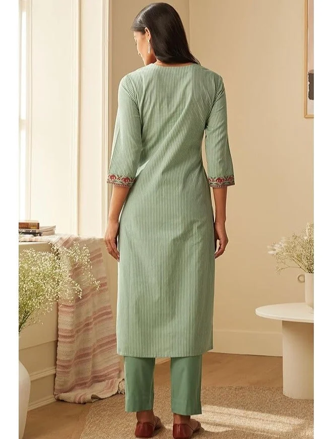 جو سريكي مزيج قطن نسائي من GoSriKi مطرز بكورتا مستقيمة مع بنطال ودوباتا (فاريغوب-أخضر-GS_M_Green_Medium)