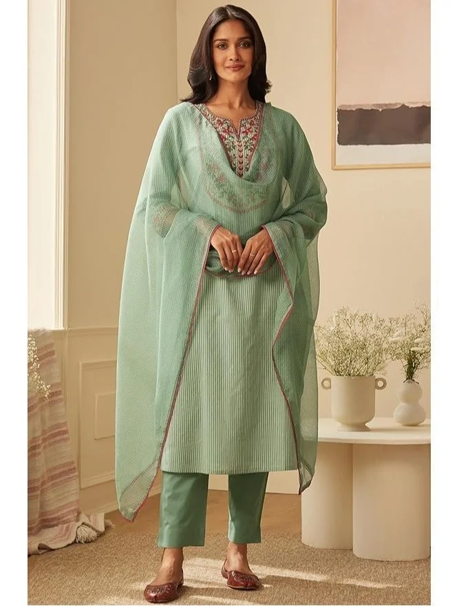 جو سريكي مزيج قطن نسائي من GoSriKi مطرز بكورتا مستقيمة مع بنطال ودوباتا (فاريغوب-أخضر-GS_M_Green_Medium)