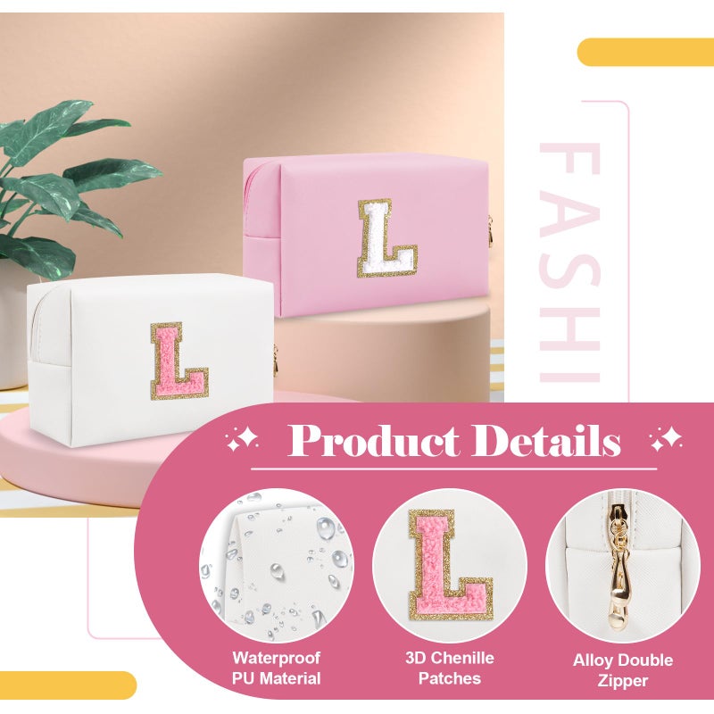 ChaoGreat Personalized Makeup Bag Initial A-Z Preppy Patch Bag Small Pu Leather Travel Cosmetic Bag Pouch With Zipper White Cute Toiletry Bag Gift Ideal For Teen Girls Women Birthday Friend Mom Letter L - Image 3