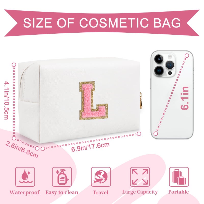 ChaoGreat Personalized Makeup Bag Initial A-Z Preppy Patch Bag Small Pu Leather Travel Cosmetic Bag Pouch With Zipper White Cute Toiletry Bag Gift Ideal For Teen Girls Women Birthday Friend Mom Letter L - Image 2