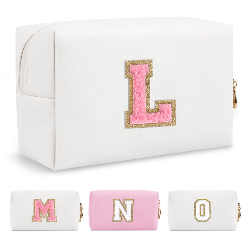 ChaoGreat Personalized Makeup Bag Initial A-Z Preppy Patch Bag Small Pu Leather Travel Cosmetic Bag Pouch With Zipper White Cute Toiletry Bag Gift Ideal For Teen Girls Women Birthday Friend Mom Letter L - Image 1