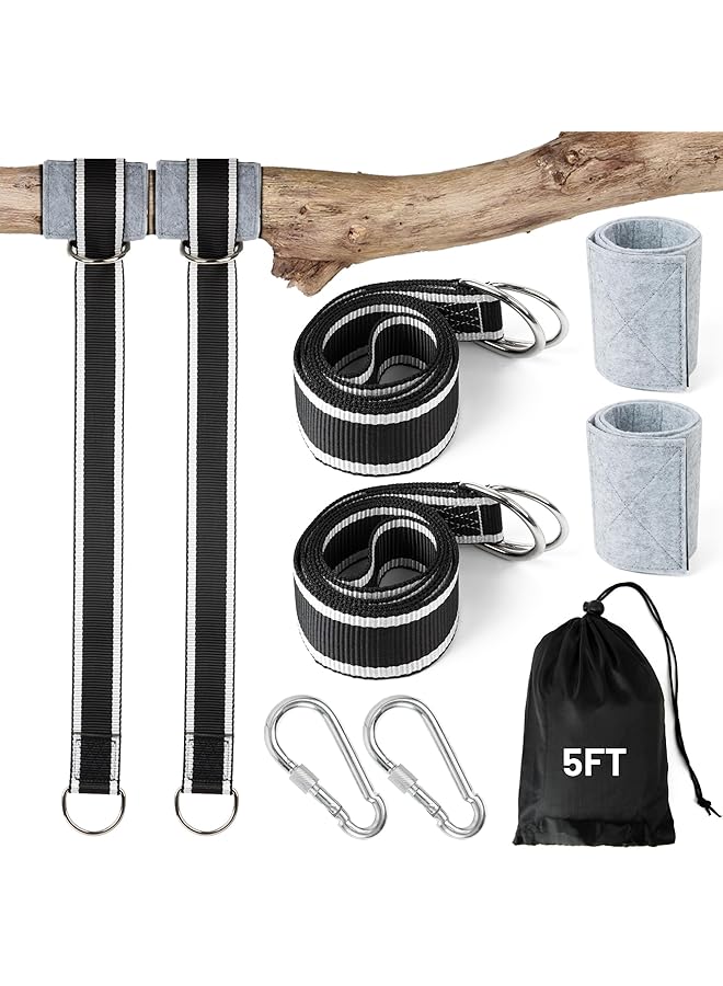 إكسفور طقم تعليق أرجوحة شجرة متين بسعة وزن 3000 رطل مع قفل آمن وحلقة تثبيت للأراجيح والتأرجح وأشرطة بطول 5 أقدام وتصميم باللونين الأبيض والأسود مع واقي شجرة متضمن - Image 1