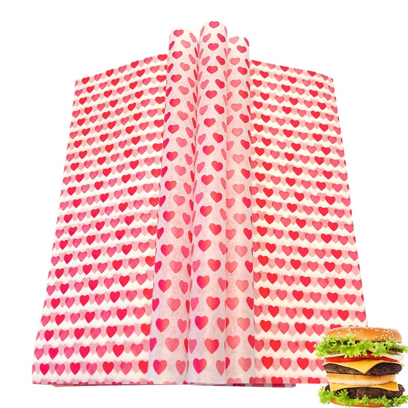 Suiwen 150pcs Heart Wax Paper Food Picnic Paper Greaseproof Paper Waterproof Dry Hamburger Paper Liners Wrapping Tissue for Plastic Food Basket Heart
