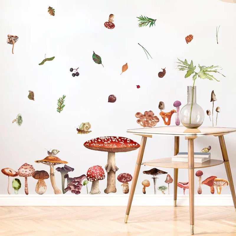 Glenmal 72 Pcs Watercolor Mushroom Wall Decals Giant Mushroom Decal Walls Peel and Stick Removable Decor Wallpaper Vinyl Sticker for Bedroom FurnitureRetro Style - Image 1