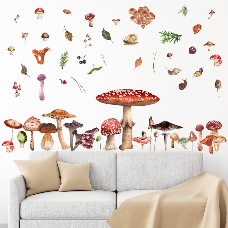 Glenmal 72 Pcs Watercolor Mushroom Wall Decals Giant Mushroom Decal Walls Peel and Stick Removable Decor Wallpaper Vinyl Sticker for Bedroom FurnitureRetro Style - Image 5