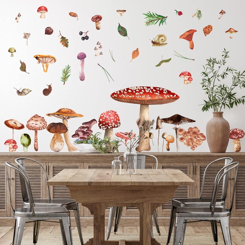 Glenmal 72 Pcs Watercolor Mushroom Wall Decals Giant Mushroom Decal Walls Peel and Stick Removable Decor Wallpaper Vinyl Sticker for Bedroom FurnitureRetro Style - Image 3