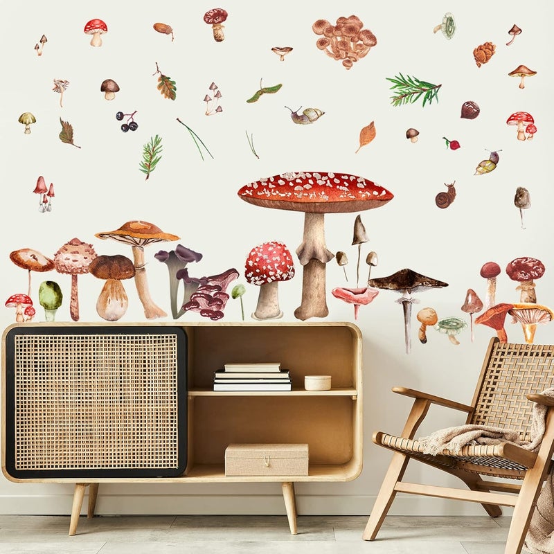Glenmal 72 Pcs Watercolor Mushroom Wall Decals Giant Mushroom Decal Walls Peel and Stick Removable Decor Wallpaper Vinyl Sticker for Bedroom FurnitureRetro Style - Image 4