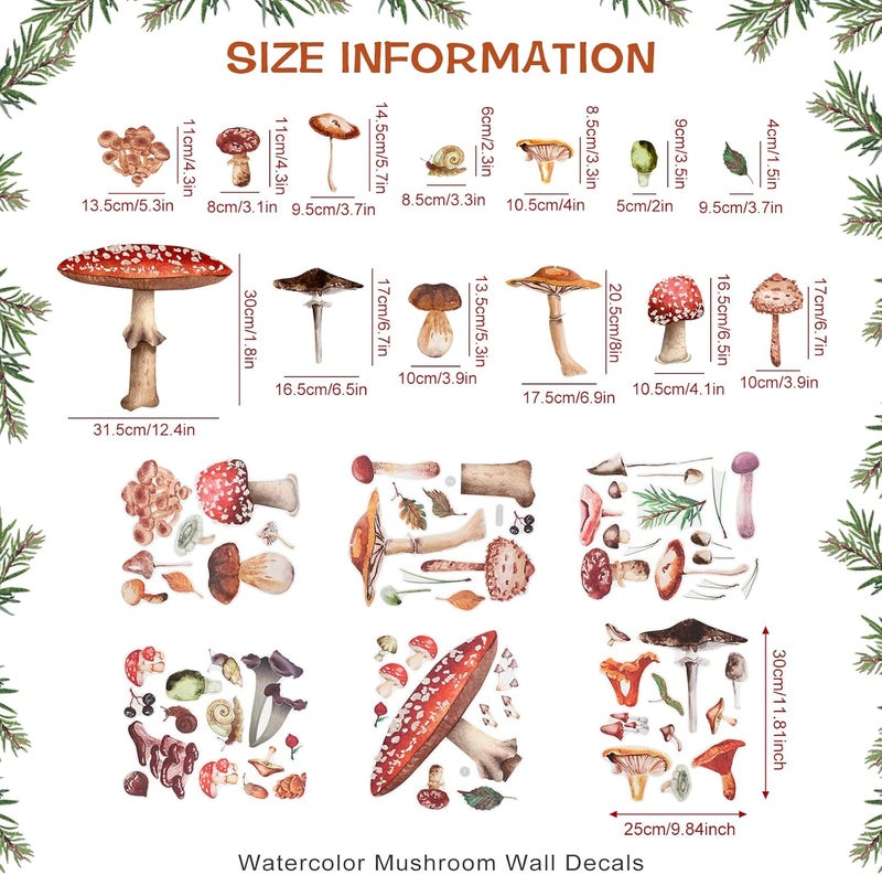 Glenmal 72 Pcs Watercolor Mushroom Wall Decals Giant Mushroom Decal Walls Peel and Stick Removable Decor Wallpaper Vinyl Sticker for Bedroom FurnitureRetro Style - Image 2