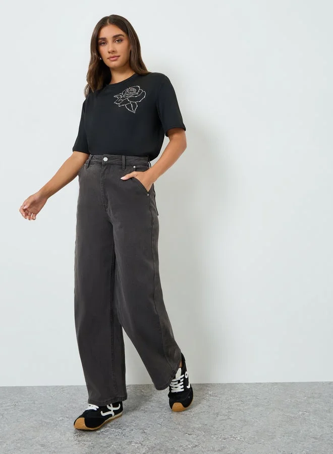 Styli Women Black Rose Crystal Oversized T-Shirt