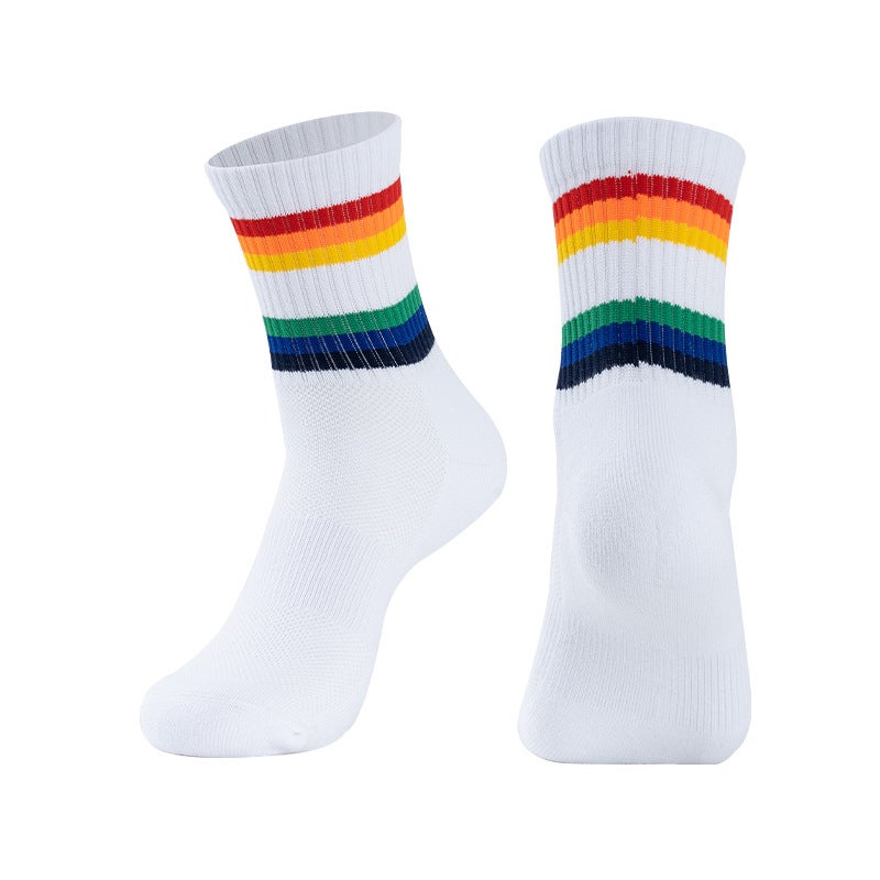 Generic Badminton Socks Striped Thickened Towel Bottom Middle Socks Student Sports Socks Training Tennis Socks Outdoor Running Socks Rainbow white 