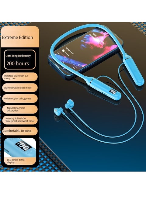 Digital display neck-worn wireless bluetooth earphone multi-functional large-capacity semi-in-ear sports stereo hanging neck headset (blue)