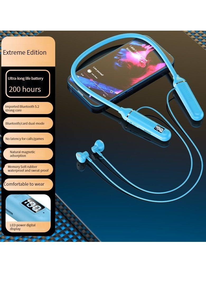GELESE Digital display neck-worn wireless bluetooth earphone multi-functional large-capacity semi-in-ear sports stereo hanging neck headset (blue)  - Image 1