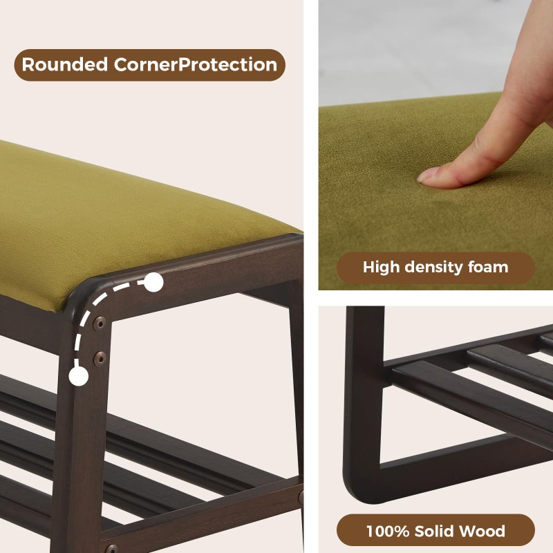 Achicsofar Shoe Rack Bench,2 Tier Solid Wooden Entryway Bench with Shoe Storage, Shoe Rack with Cushion for Living Room, Hallway(Olive Green, 39.4") - Image 4