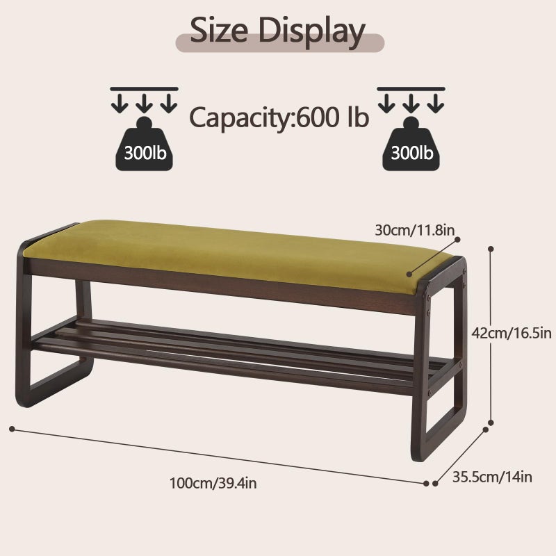Achicsofar Shoe Rack Bench,2 Tier Solid Wooden Entryway Bench with Shoe Storage, Shoe Rack with Cushion for Living Room, Hallway(Olive Green, 39.4") - Image 2
