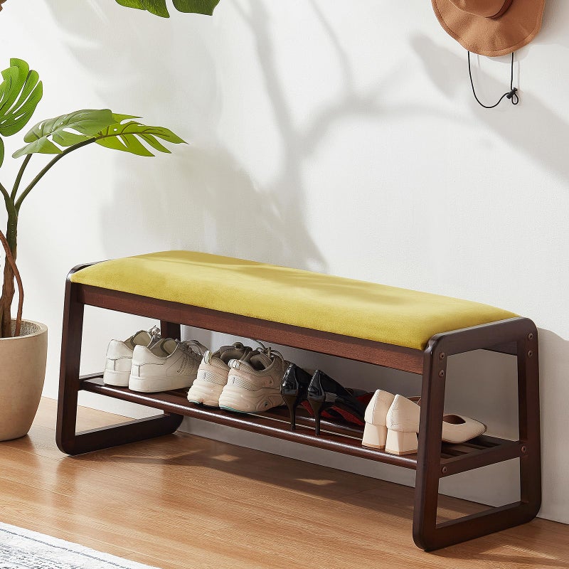 Achicsofar Shoe Rack Bench,2 Tier Solid Wooden Entryway Bench with Shoe Storage, Shoe Rack with Cushion for Living Room, Hallway(Olive Green, 39.4") - Image 1