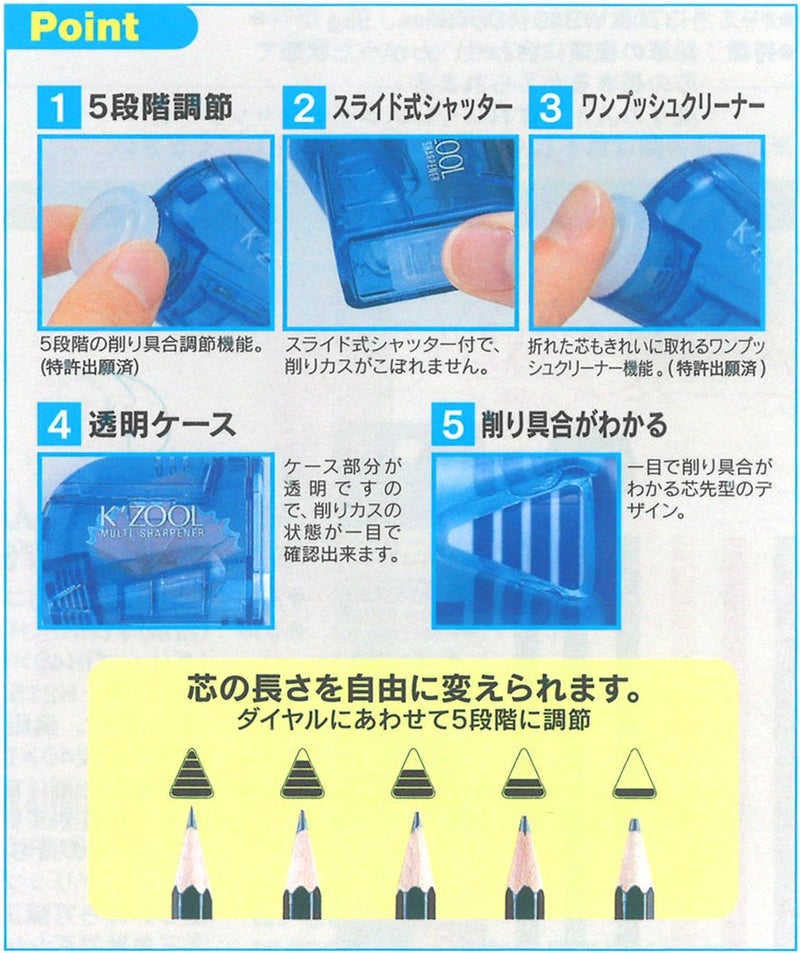Kutsuwa STAD Angle Adjustable Pencil Sharpener K'ZOOL, Transparent Blue (RS007BL) - Image 3