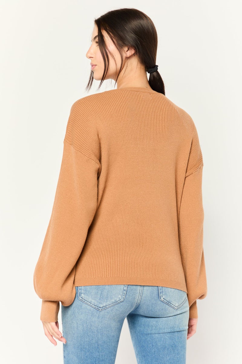 Cotton On سويت شيرت مزخرف بأكمام طويلة وياقة دائرية للحمل، بني - Image 4
