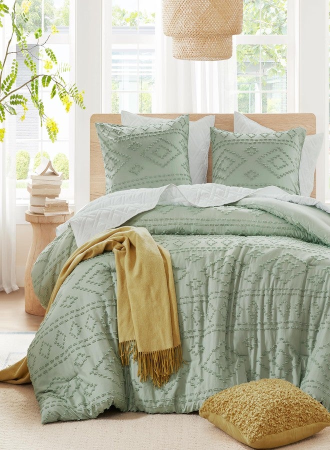 Comfort Spaces Comforter for King Size Bed,Geometric Diamond Tufted Boho Comforter Set, All Season Lightweight Bedding Set, Matching Sham, King/Cal King Sage Green 3 Piece - Image 1
