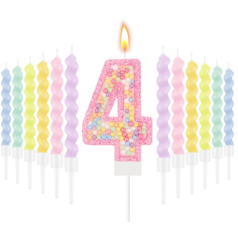MTLEE Birthday Candle Macaron Glitter 3D Number Candle with 12 Pcs Rainbow Spiral Candles in Holders for Girl Boy Cake Topper Wedding Anniversary Pastel Sweet Theme Party Decoration(Pink,Number 4) - Image 1