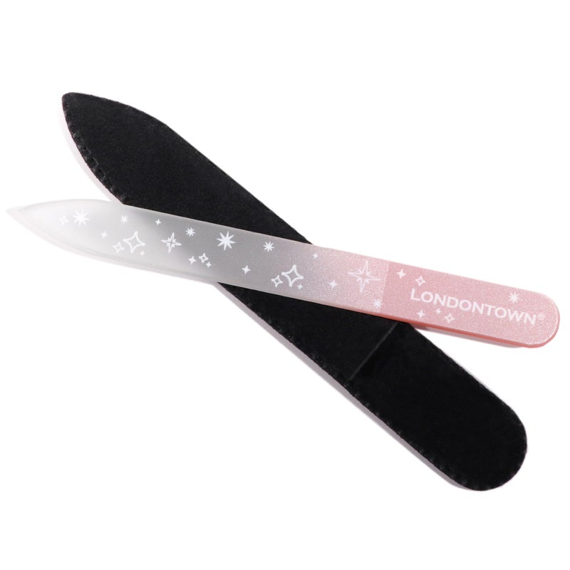 LONDONTOWN Pink Sparkle DoubleSided Glass Nail File  Care Tool Professional Grit Etched Crystal Manicure Accessory with Case Pouch