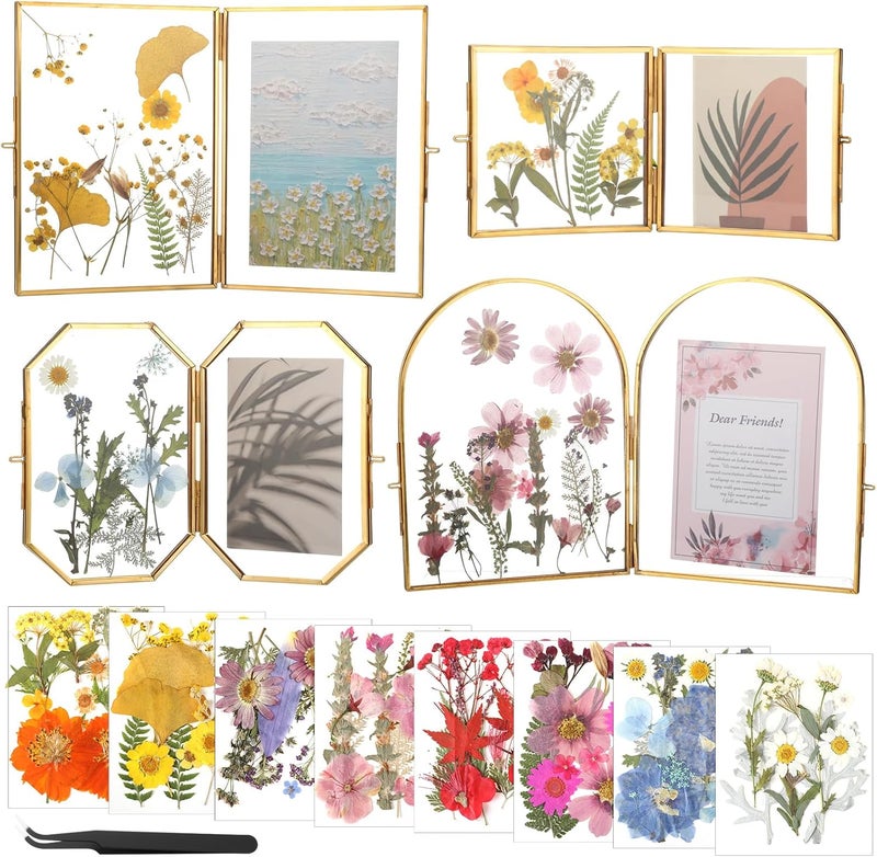 Qunclay Qunclay 4 Style Double Glass Pressed Flower Frame Handmade with 8 Bag Dried Flowers Tabletop Brass Hinged Photo Frames Folding Picture Gift for Artwork Home Wall Decor Plant Specimen Photo Display  - Image 1