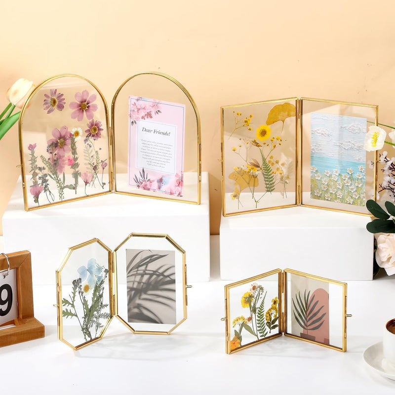 Qunclay Qunclay 4 Style Double Glass Pressed Flower Frame Handmade with 8 Bag Dried Flowers Tabletop Brass Hinged Photo Frames Folding Picture Gift for Artwork Home Wall Decor Plant Specimen Photo Display  - Image 4