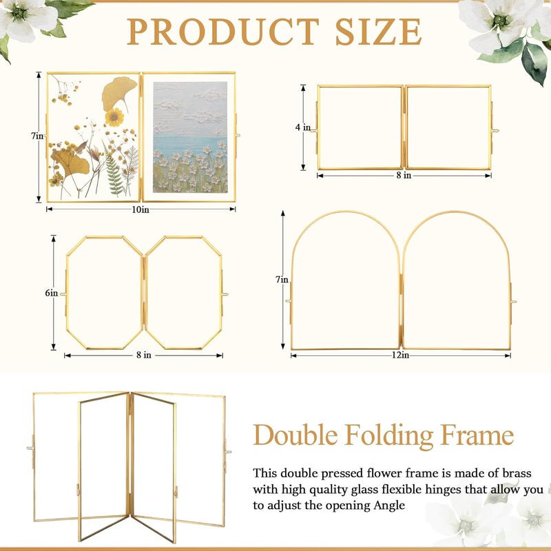 Qunclay Qunclay 4 Style Double Glass Pressed Flower Frame Handmade with 8 Bag Dried Flowers Tabletop Brass Hinged Photo Frames Folding Picture Gift for Artwork Home Wall Decor Plant Specimen Photo Display  - Image 2