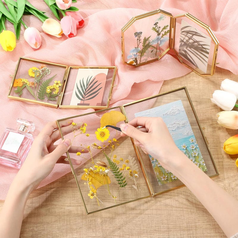 Qunclay Qunclay 4 Style Double Glass Pressed Flower Frame Handmade with 8 Bag Dried Flowers Tabletop Brass Hinged Photo Frames Folding Picture Gift for Artwork Home Wall Decor Plant Specimen Photo Display  - Image 5
