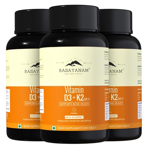 Rasayanam Vitamin D3 K2(MK-7) Pack of 3 | 100% Vegan Vitamin D3 | Superior K2(MK-7) from Balchem, USA | For Calcium Utilization, Bone Strength & Heart Health | D3 Supplement For Immunity | 360 Veg Tablets - Image 1