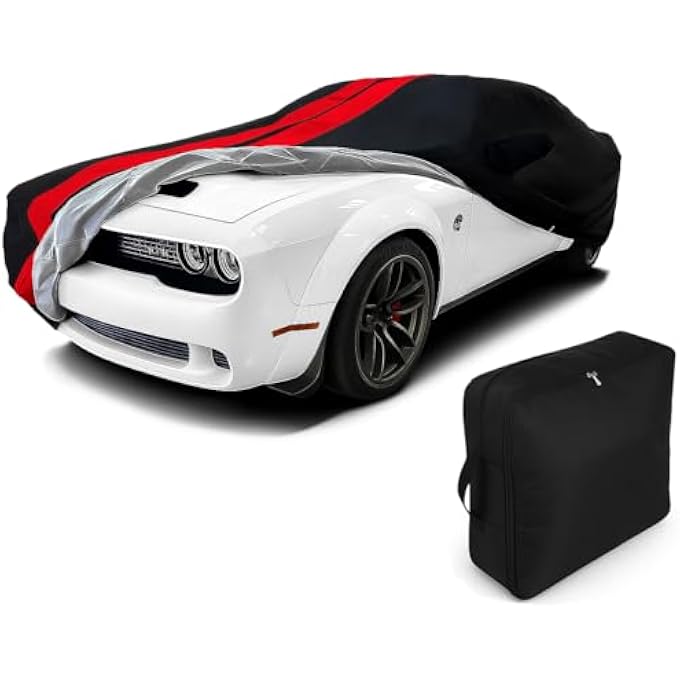 rayihni Ultraguard Plus Car Cover Indoor/Outdoor Protection Water Resistant 300 Denier - Custom Fit for 2008-2023 Dodge Challenger SXT, GT, R/T, Scat Pack, Hellcat Redeye & Widebody (Black with Red Stripes) - Image 2