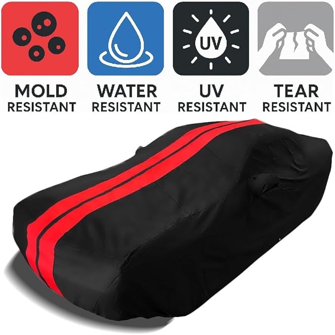 rayihni Ultraguard Plus Car Cover Indoor/Outdoor Protection Water Resistant 300 Denier - Custom Fit for 2008-2023 Dodge Challenger SXT, GT, R/T, Scat Pack, Hellcat Redeye & Widebody (Black with Red Stripes) - Image 3