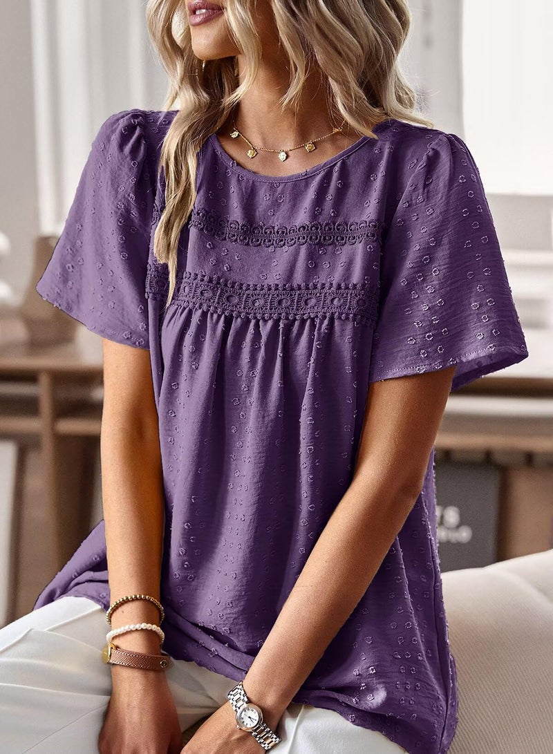 Falechay Blouses for Women Fashion 2026 Hook Flower Lace Crew Neck Boho Tunic Tops Short Sleeve Fall Shirts Dark Purple XXL - Image 2