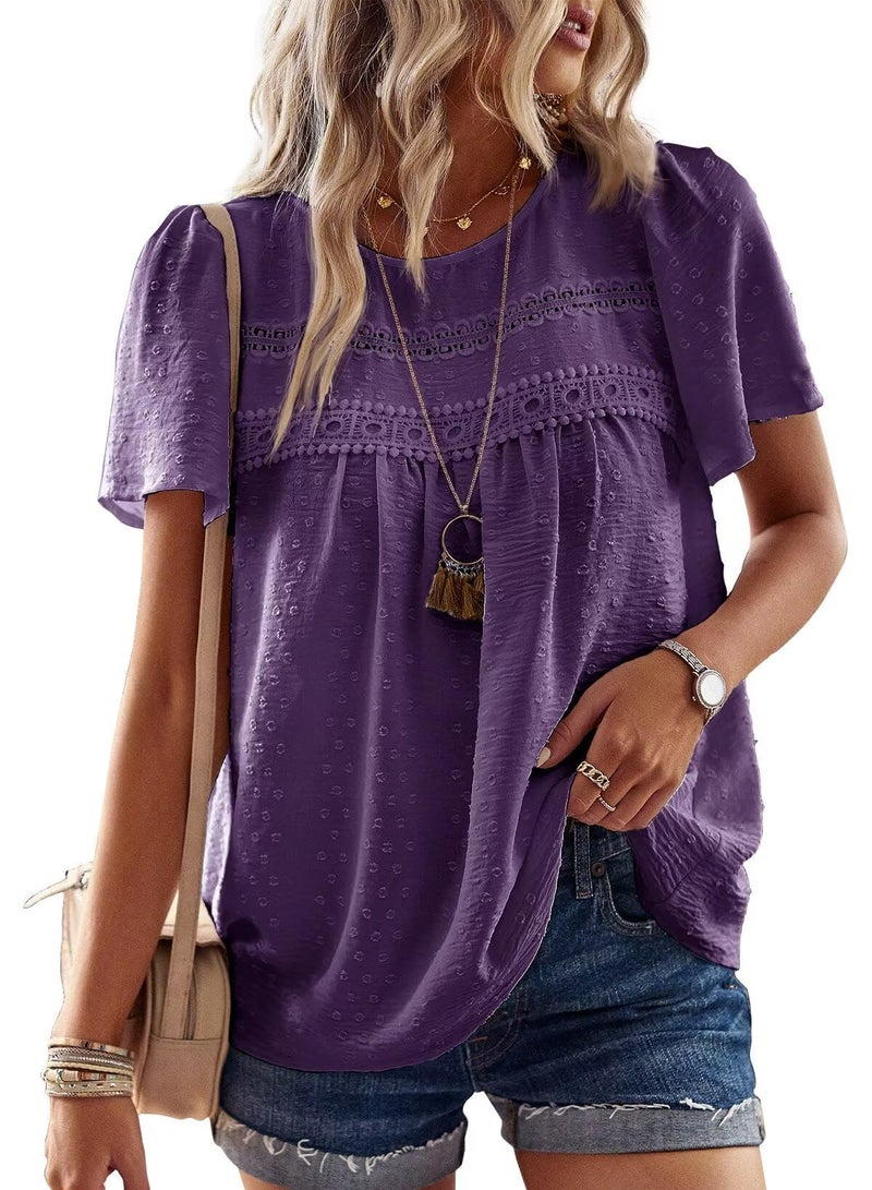 Falechay Blouses for Women Fashion 2026 Hook Flower Lace Crew Neck Boho Tunic Tops Short Sleeve Fall Shirts Dark Purple XXL - Image 1