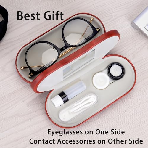 Muf 2 in 1 Contact Lens Case and Glasses Case, Double Sided Design with Mirror, Portable Travel Kit with Tweezer, Remover and Solution Bottle, Brown - Image 4