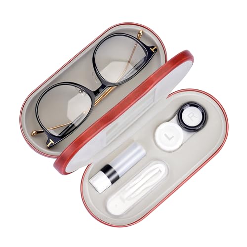 Muf 2 in 1 Contact Lens Case and Glasses Case, Double Sided Design with Mirror, Portable Travel Kit with Tweezer, Remover and Solution Bottle, Brown - Image 1