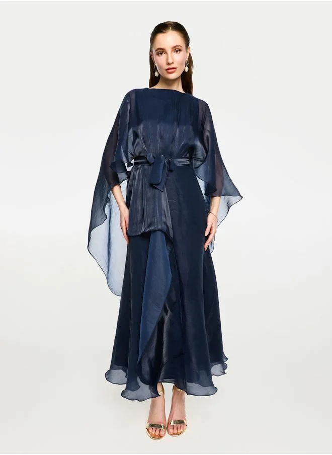 House of Moda House of Moda Organza Cape Sleeve Waist Tie-Up Maxi Dress