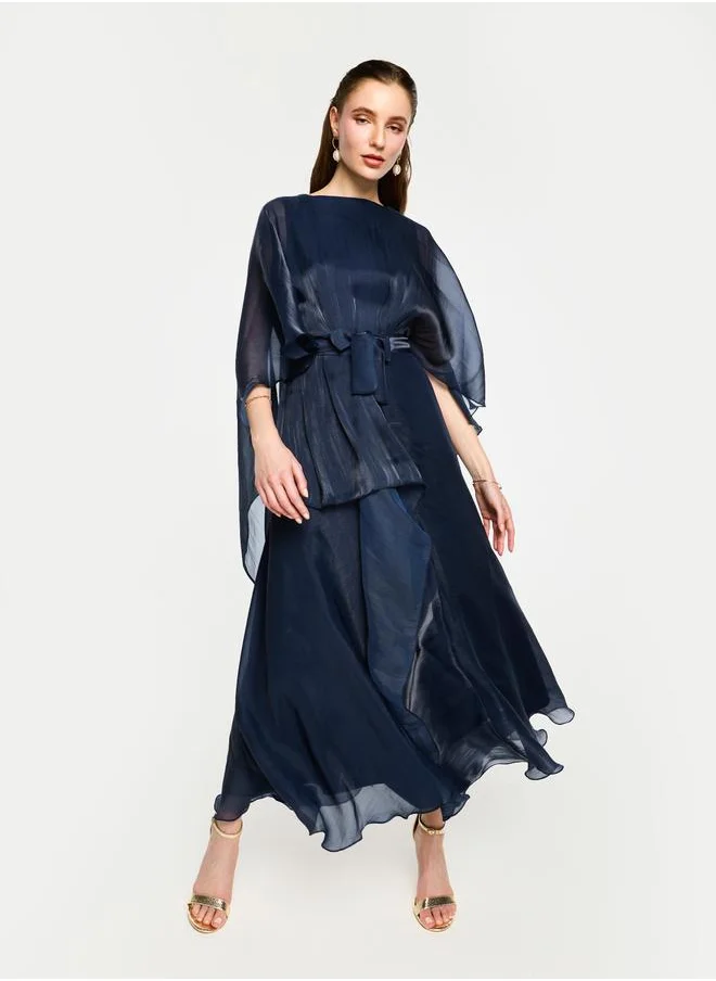 House of Moda House of Moda Organza Cape Sleeve Waist Tie-Up Maxi Dress