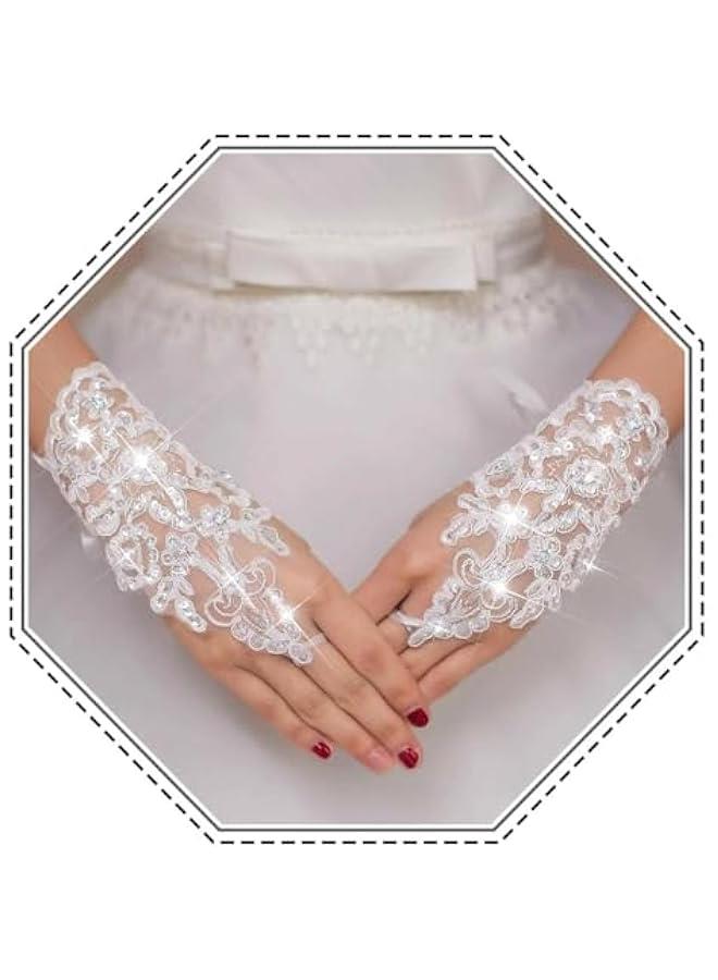 Wedding Bride Lace Gloves Fingerless Bridal Gloves White Rhinestone Glove Short Party Prom Glove Accessories for Women and Brides - Image 1