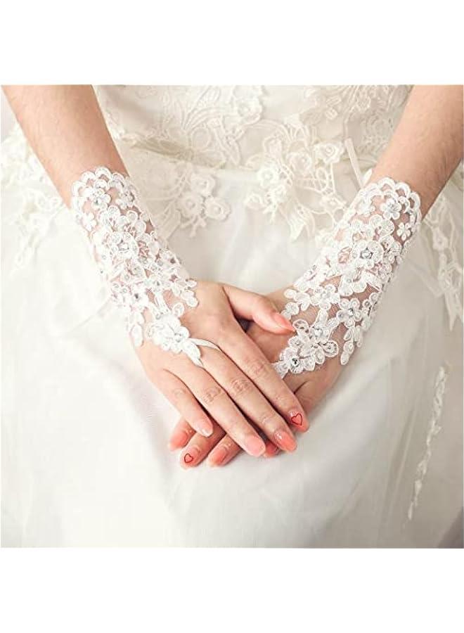 Wedding Bride Lace Gloves Fingerless Bridal Gloves White Rhinestone Glove Short Party Prom Glove Accessories for Women and Brides - Image 4