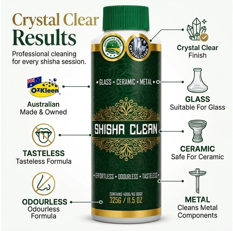 OzKleen Shisha Clean Powder Cleaner 325g, Australian Made & Owned Crystal Clear Hookah Cleaner, Odourless & Tasteless Formula for Glass, Ceramic & Metal Shisha, Hookah & Water Pipe Accessories - Image 2