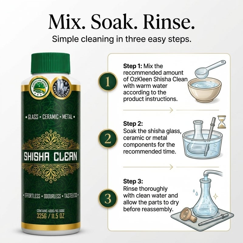 OzKleen Shisha Clean Powder Cleaner 325g, Australian Made & Owned Crystal Clear Hookah Cleaner, Odourless & Tasteless Formula for Glass, Ceramic & Metal Shisha, Hookah & Water Pipe Accessories - Image 4